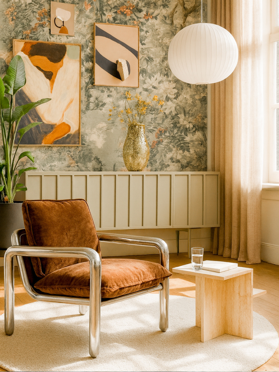 Woonkamer met bloemenbehang, chromen fauteuil en groene elementen