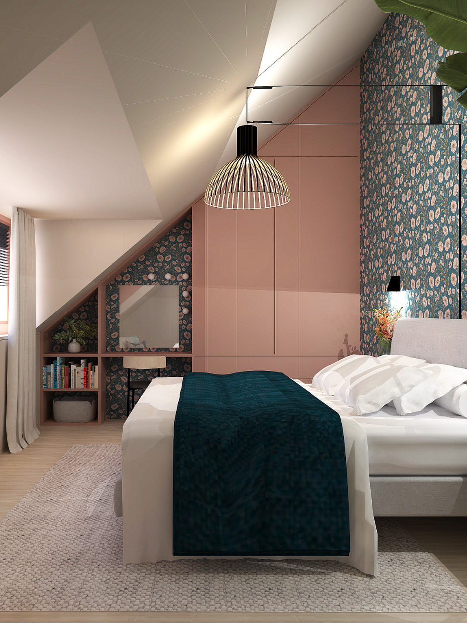 Kleurrijke slaapkamer met maatwerk kastenwand ontworpen door Simoon Design voor klant in Rotterdam.