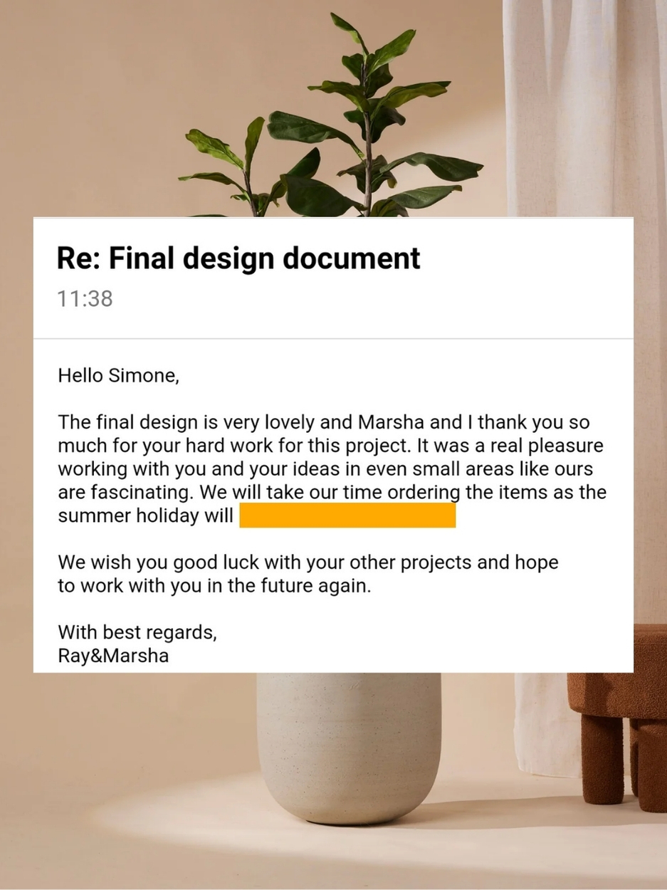 Bedank e-mail van klant over afgerond interieurontwerp